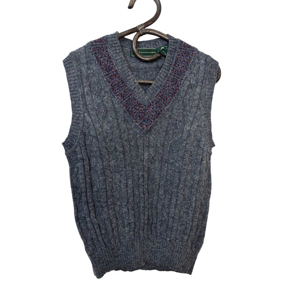 JJ Farmer Mens Gray Cable Knit V-Neck Sweater Vest 100% Shetland Virgin Wool M